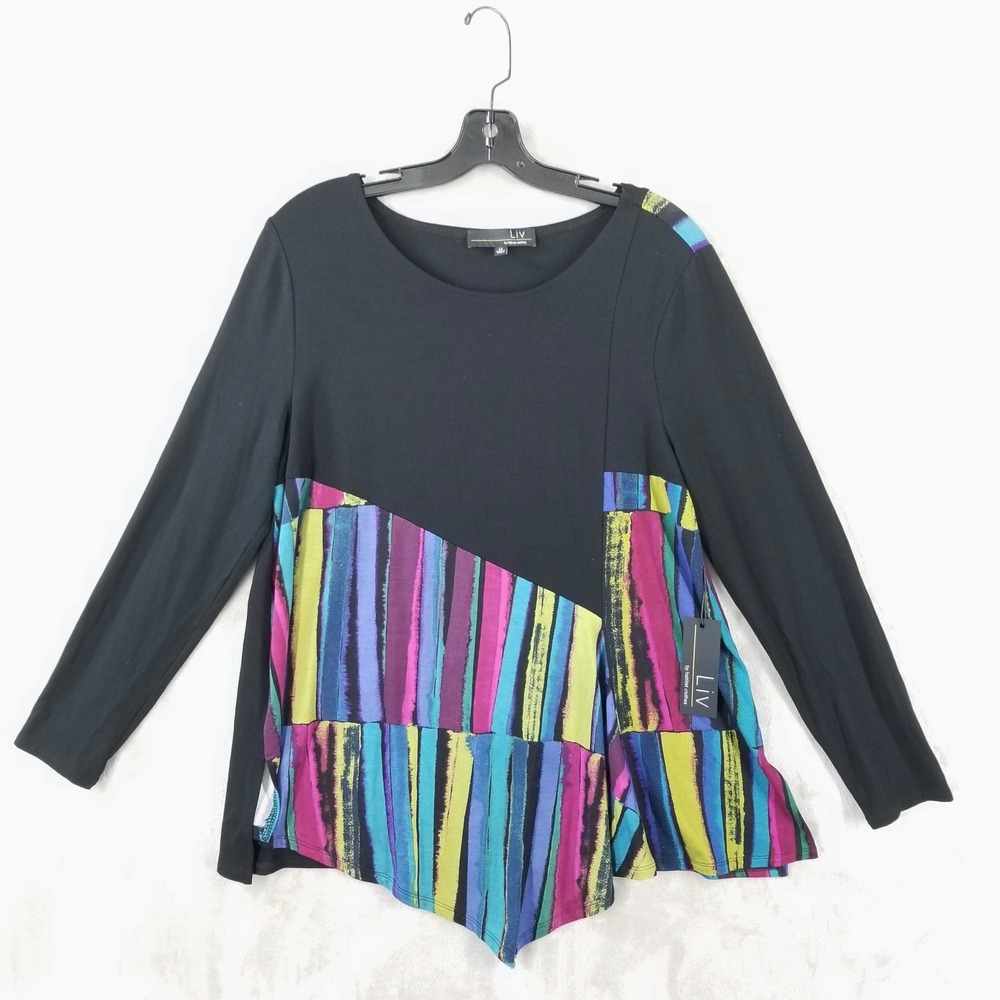 Liv by Habitat Tunic Women Medium Black Multi Colorblock Abstract Art Flowy Top